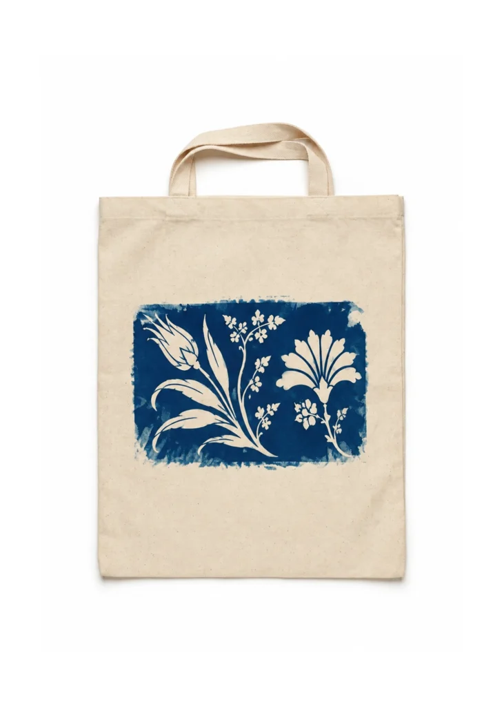 Bitkisel Bordürlü Cyanotype Bez Çanta
