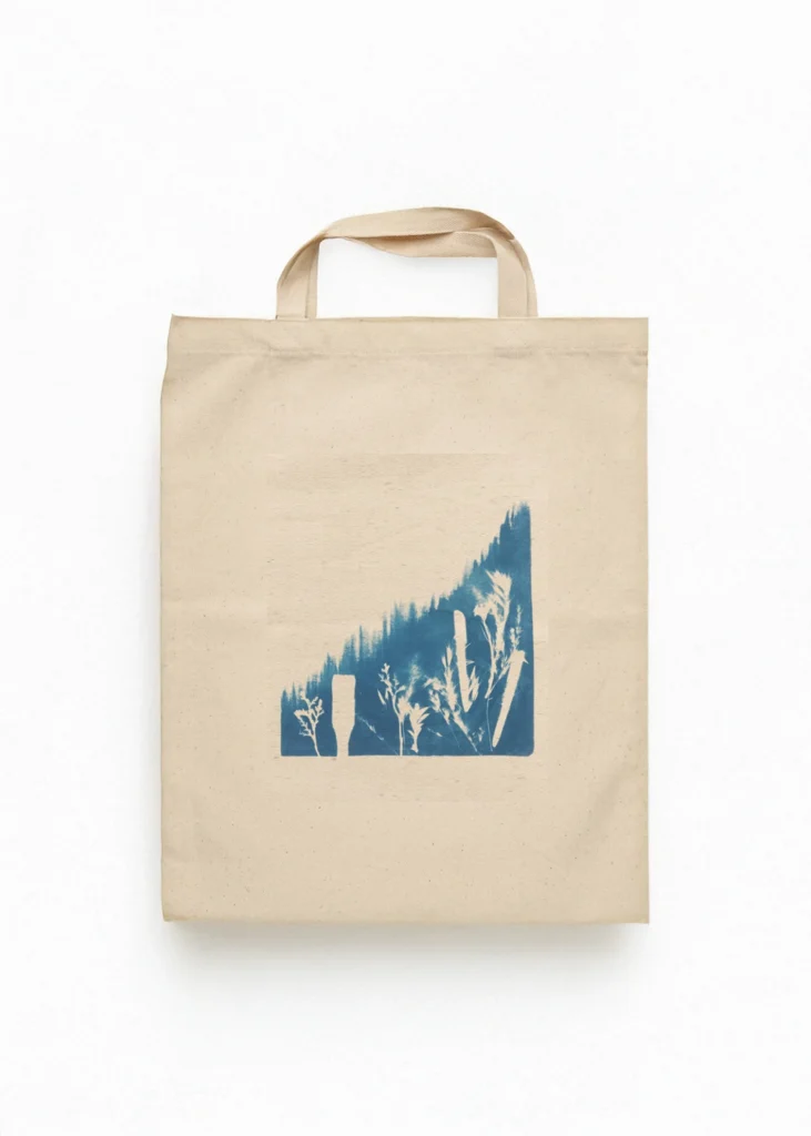 Diyagonal Bitkisel Silüetli Cyanotype Bez Çanta
