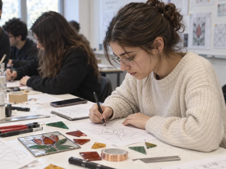 Beyaz atölye masasında vitray deseni çizen öğrenci, renkli cam parçaları ve temel çalışma araçları
