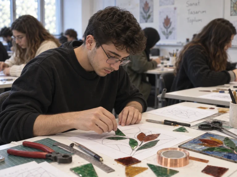 Vitray desenine göre kesilmiş renkli cam parçalarını şablon üzerinde düzenleyen öğrenci