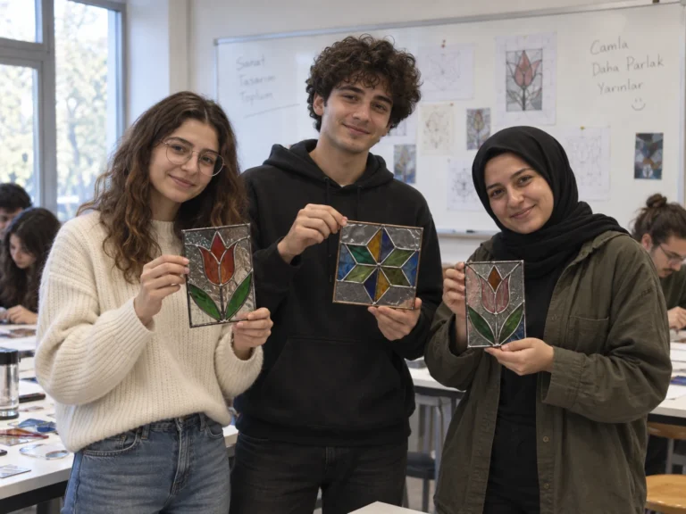 Üç öğrencinin atölyede ürettikleri küçük ölçekli vitray çalışmalarını kameraya gösterdiği grup fotoğrafı