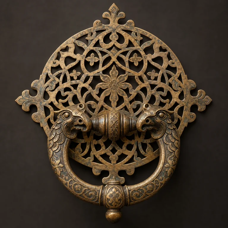 Figürlü ve ajurlu döküm bronz kapı tokmağı.