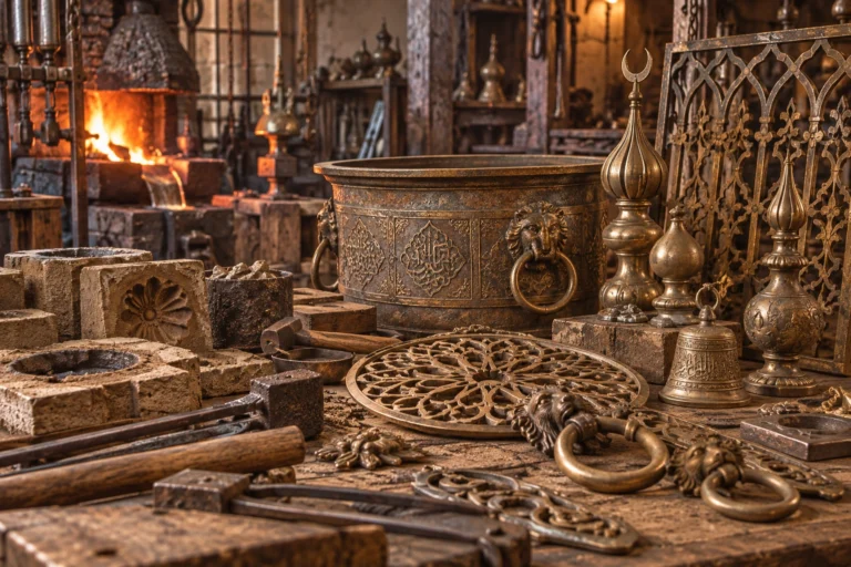 Kişisiz geleneksel döküm ve mimari metal atölyesinde ocak, kalıp, kazan, tokmak, şebeke ve alem örnekleri.