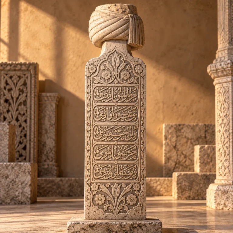 Serpuş biçimli başlığa, epigrafik yüzeye ve bitkisel kabartmalara sahip taş şahide.