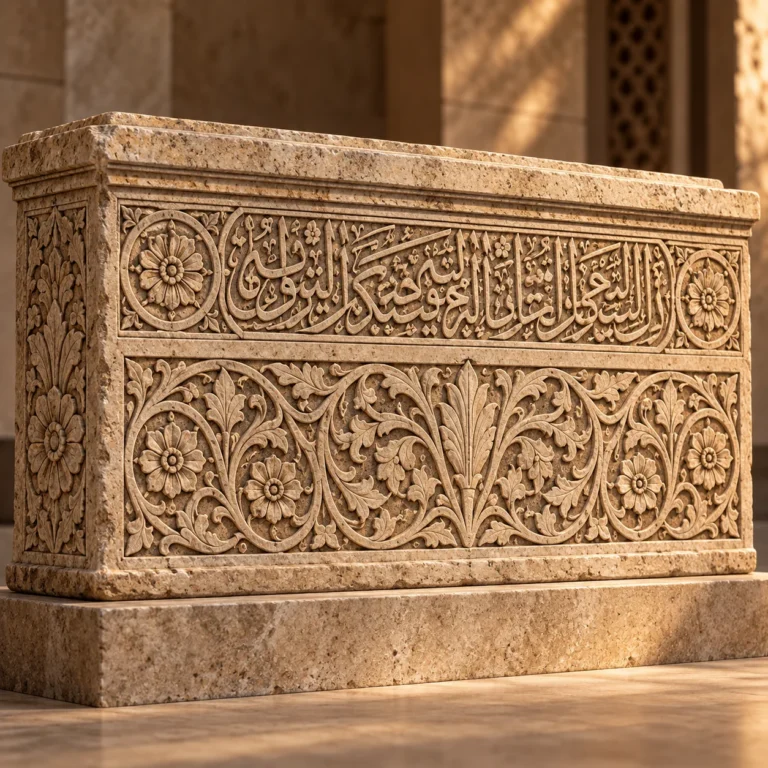 Epigrafik kuşak ve bitkisel kabartma panolar taşıyan hacimli taş lahit.