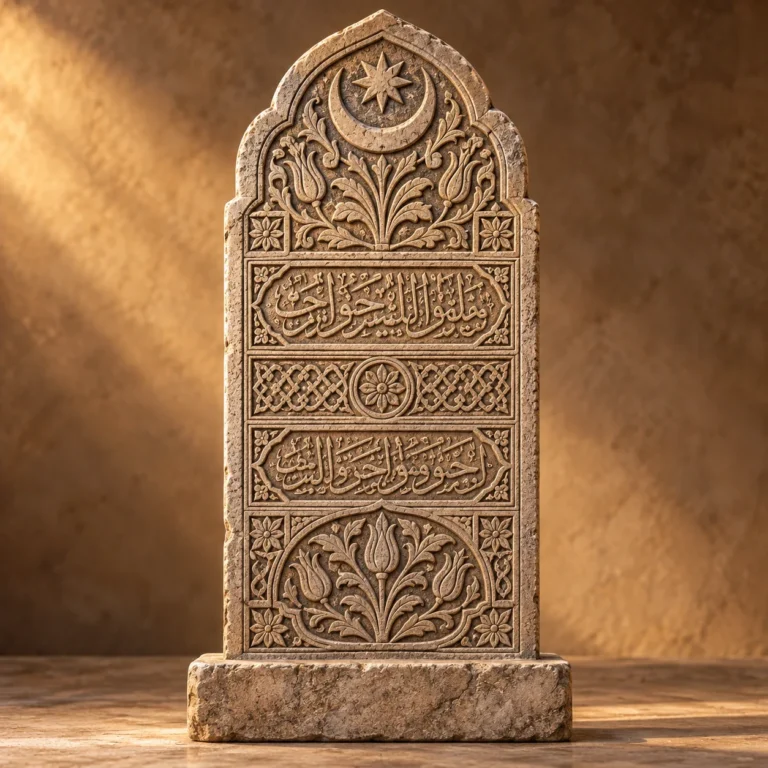 Hilal, yıldız, lale ve epigrafik alanların birlikte işlendiği tepelikli taş şahide.