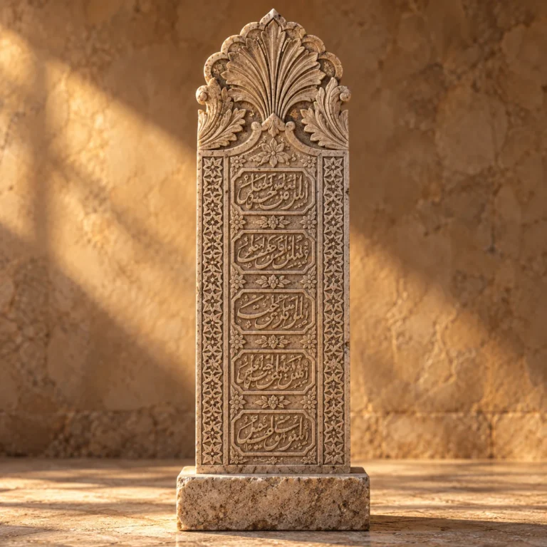 Palmet, yaprak, çiçek ve epigrafik alanlarla bezenmiş düşey taş şahide.