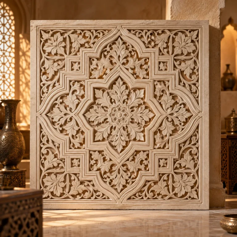 Bitkisel ve geometrik motiflerin yüksek ayrıntıyla işlendiği dikdörtgen oyma stuko panel.