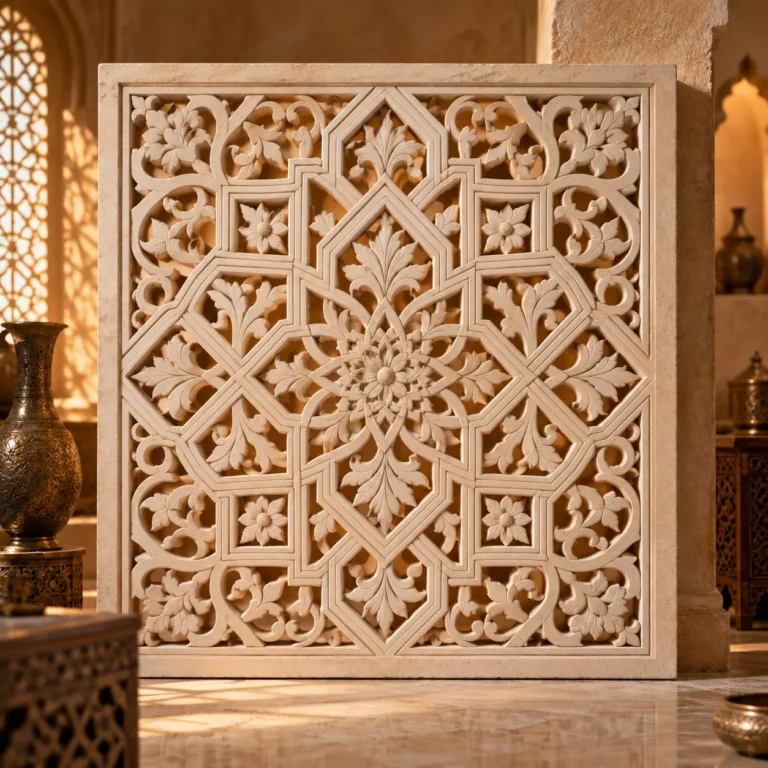 Geometrik yıldız örgüsü ve bitkisel dolgularla oluşturulmuş geçirgen stuko panel.