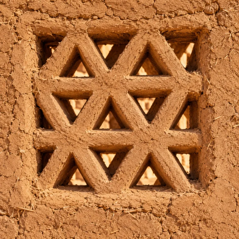 Üçgen açık örgülerden oluşan geometrik kerpiç havalandırma penceresi.
