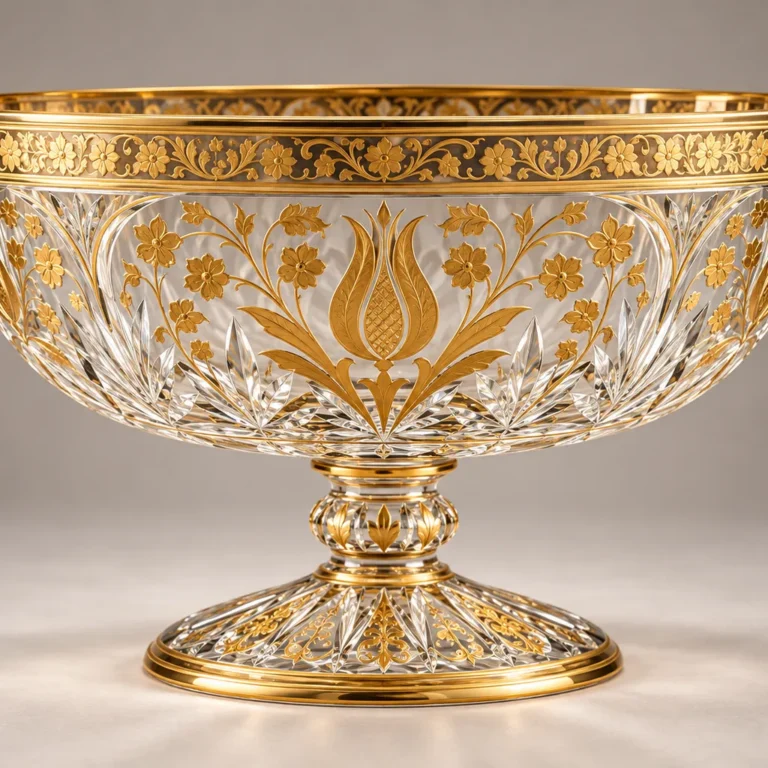 Kesme kristal yüzeyi yoğun altın yaldızlı bitkisel bordür ve lale bezemeleriyle tamamlanmış servis kabı örneği.