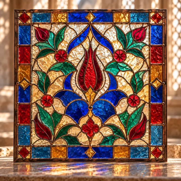 Doğal ışıkla aydınlanan geleneksel vitray pencere örneği.