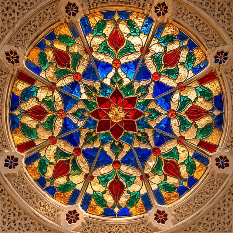 Renkli geometrik ve bitkisel düzenlemeli vitray kubbe örneği.