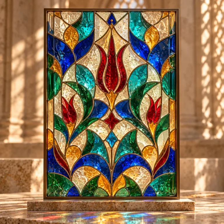 Tulip ve yaprak motifli dikdörtgen vitray panel örneği.