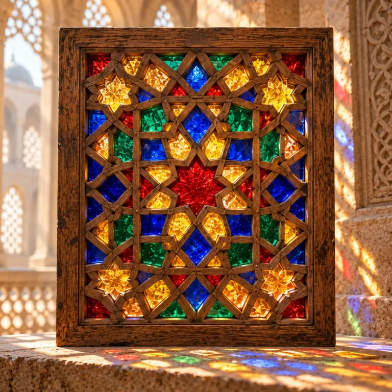 Geometrik ahşap şebeke içinde renkli camla kurulmuş panel örneği.