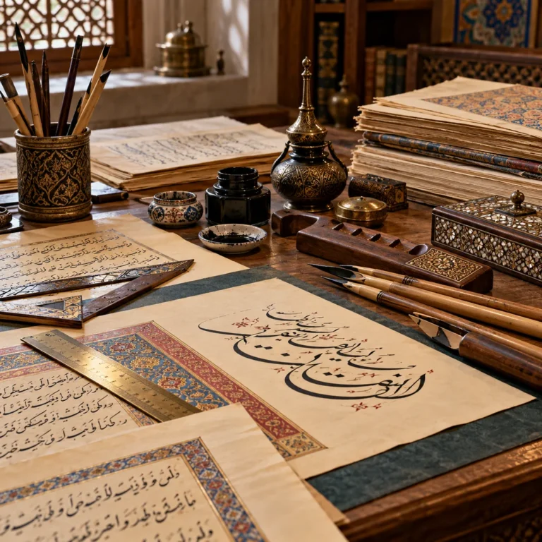 Yazı sanatlarını kamış kalem, hokka, âharlı kâğıt ve kaligrafik çalışma yüzeyiyle insan figürü olmadan temsil eden profil görseli.