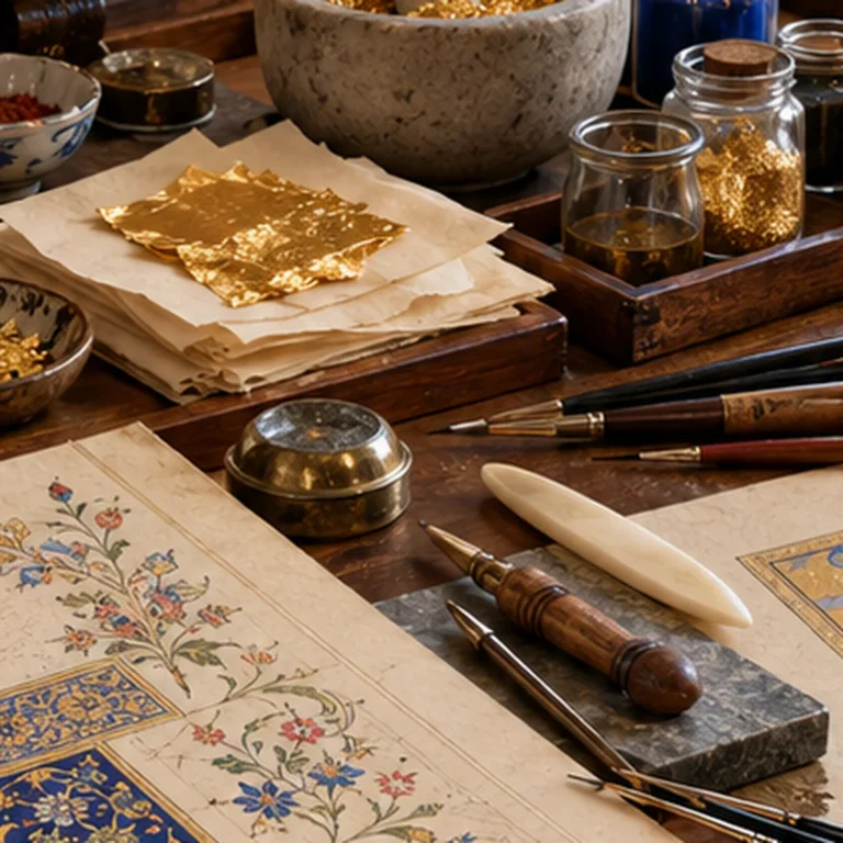 Altın varak, pigment ve ezme kabının bezeme üretimindeki malzeme düzeni.