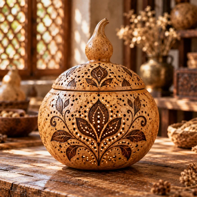 Boncuk ve aplike detaylarla süslenmiş, ışıklı su kabağı lamba örneği.