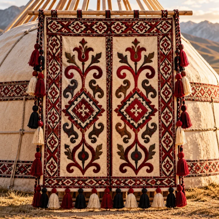 Keçe ve tekstil bezemeli geleneksel yurt giriş perdesi.