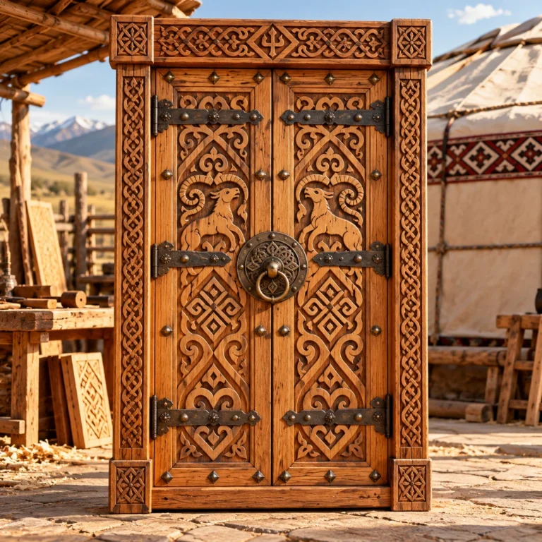 Geometrik ve zoomorfik oyma bezemeli ahşap yurt kapısı.