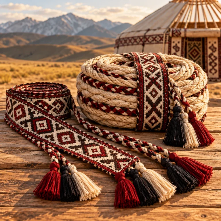 Yurt kurulumunda germe ve bağlama için kullanılan dokuma kuşak ve örgülü halatlar.