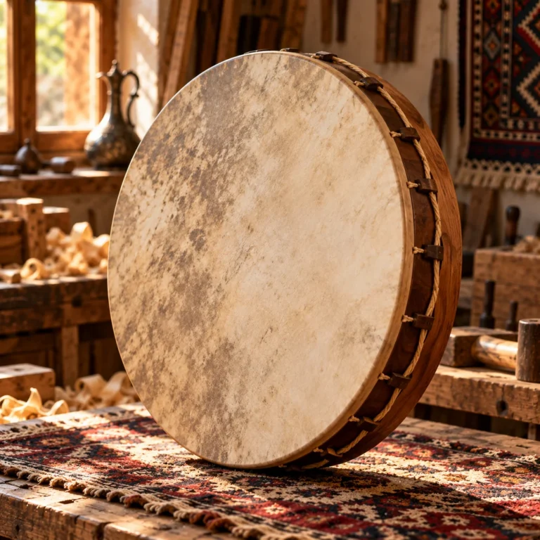 Ahşap kasnak ve deri membranlı vurmalı çalgı.