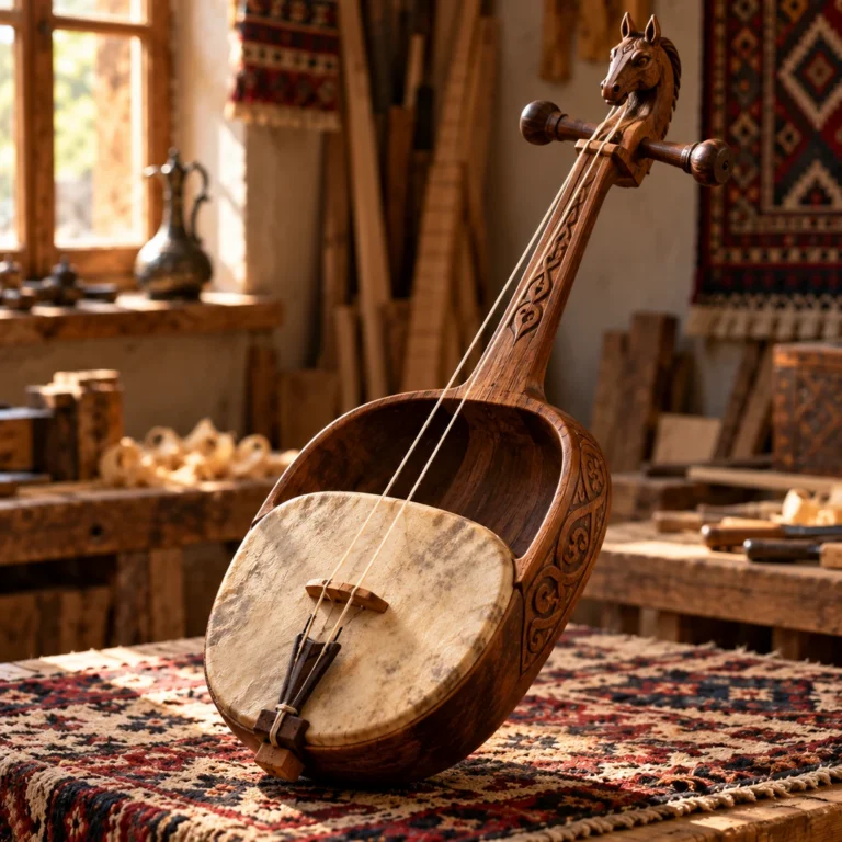 Deri/ahşap rezonatörlü yaylı telli Orta Asya çalgısı.