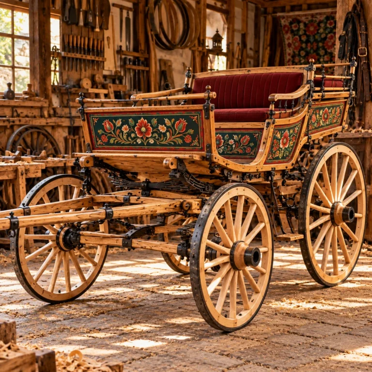 Çiçekleme bezemeli yaylı geleneksel binek arabası.