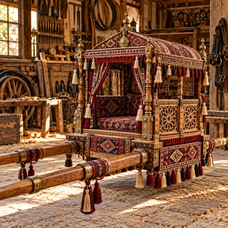 Ahşap, tekstil ve süsleme bileşenleriyle geleneksel tören taşıma konstrüksiyonu.