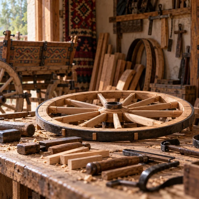 Geleneksel tekerlekçilik üretiminde metal çemberli ahşap tekerlek, göbek ve el aletlerini gösteren tekil galeri görseli.