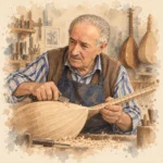 Bekir Tekeli’yi bağlama yapım pratiği bağlamında, atölyesinde yapım aşamasındaki bir bağlama üzerinde çalışırken temsilî ve stilize biçimde betimleyen AES usta profil illüstrasyonu.