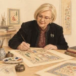 Cahide Keskiner’i minyatür üretim pratiği içinde, sıcak açık bej kâğıt dokusu üzerinde kurşun kalem, mürekkep ve hafif suluboya/sepya karakteriyle gösteren editoryal profil illüstrasyonu.