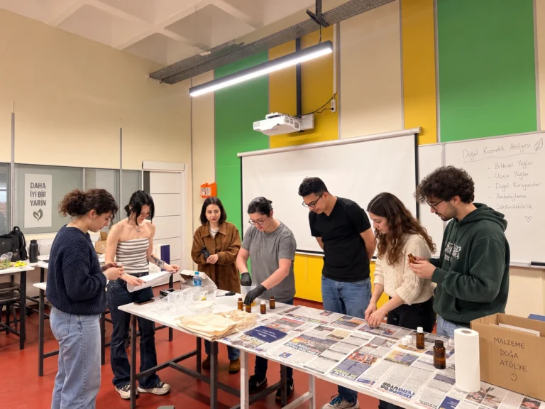 Katılımcıların bir çalışma masası çevresinde cyanotype uygulamasına hazırlandığı temsili atölye görseli.