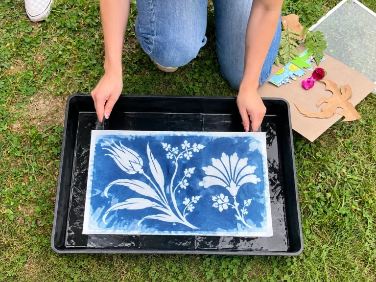 Bitkisel kompozisyonlu mavi cyanotype baskının su tepsisinde yıkandığı temsili uygulama görseli.