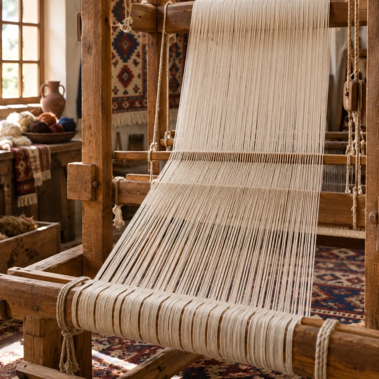 Çözgünün Kurulması aşamasını temsil eden, insan figürü içermeyen, fotogerçekçi süreç görseli.