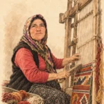 Emine Karadayı’yı Sarıkeçili dokuma pratiği içinde, ıstar tezgâhı ve yünlerle birlikte sıcak açık bej kâğıt dokusu üzerinde kurşun kalem, mürekkep ve hafif suluboya/sepya karakteriyle gösteren editoryal profil illüstrasyonu.