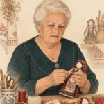 Emine Polat’ı folklorik giysili kitre bebek üretirken, çalışmasına odaklanmış ve izleyiciye bakmayan biçimde betimleyen AES usta profil illüstrasyonu.