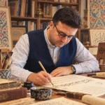 Fatih Özkafa, hüsn-i hat çalışırken betimlenen ressamsı profil illüstrasyonu.