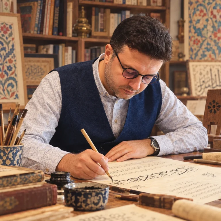 Fatih Özkafa, hüsn-i hat çalışırken betimlenen ressamsı profil illüstrasyonu.