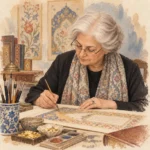 Fatma Çiçek Derman’ı tezhip çalışması sırasında, açık bej kâğıt dokusu üzerinde çizgisel ve suluboya karakterli editoryal illüstrasyon tekniğiyle gösteren profil görseli.
