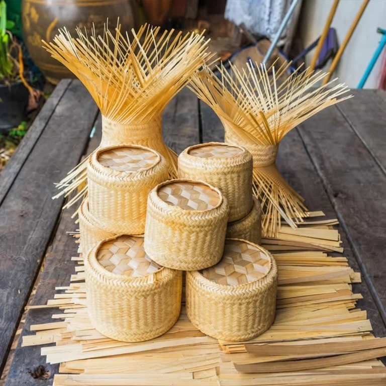 Bambu ve benzeri bitkisel şeritlerle örülmüş küçük kaplar ve yarım kalmış hacimli form örnekleri.