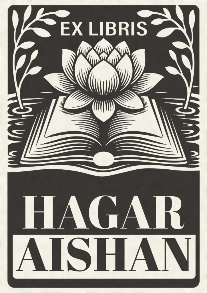 Açık kitap ve lotus çiçeği içeren siyah-beyaz ex libris tasarımı.
