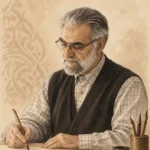 Hasan Çelebi’yi birebir fotoğraf benzerliği hedeflemeden, masa başında kamış kalemle hat çalışmasına odaklanmış biçimde betimleyen temsilî illüstrasyon.
