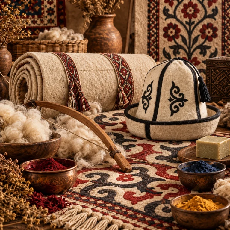 Keçe yaygı, kalpak, yün lifleri, doğal boya kapları ve keçe araçlarından oluşan insan figürsüz AES profil temsili.
