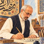Mehmed Özçay’ı hat çalışırken gösteren ressamsı profil illüstrasyonu.