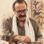 Mehmet Girgiç’i geleneksel keçecilik pratiği bağlamında temsilî ve stilize biçimde betimleyen AES usta profil illüstrasyonu.