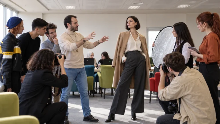 Moda fotoğrafçılığı atölyesinde eğitmenin model, ışık ve kadraj ilişkisini katılımcılara açıkladığı uygulama anı.