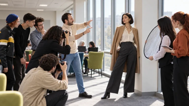 Katılımcıların model çekimini izlediği ve eğitmenin poz ile çekim yönlendirmesi yaptığı moda fotoğrafçılığı uygulaması.