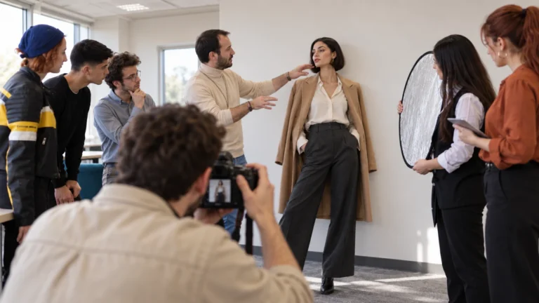 Bir katılımcının fotoğraf makinesiyle modeli kadrajladığı, diğer katılımcıların çekimi izlediği uygulama.