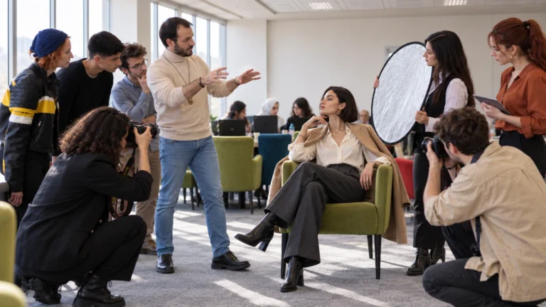 Modelin oturarak poz verdiği, katılımcıların farklı açılardan fotoğraf çektiği uygulamalı moda çekimi.